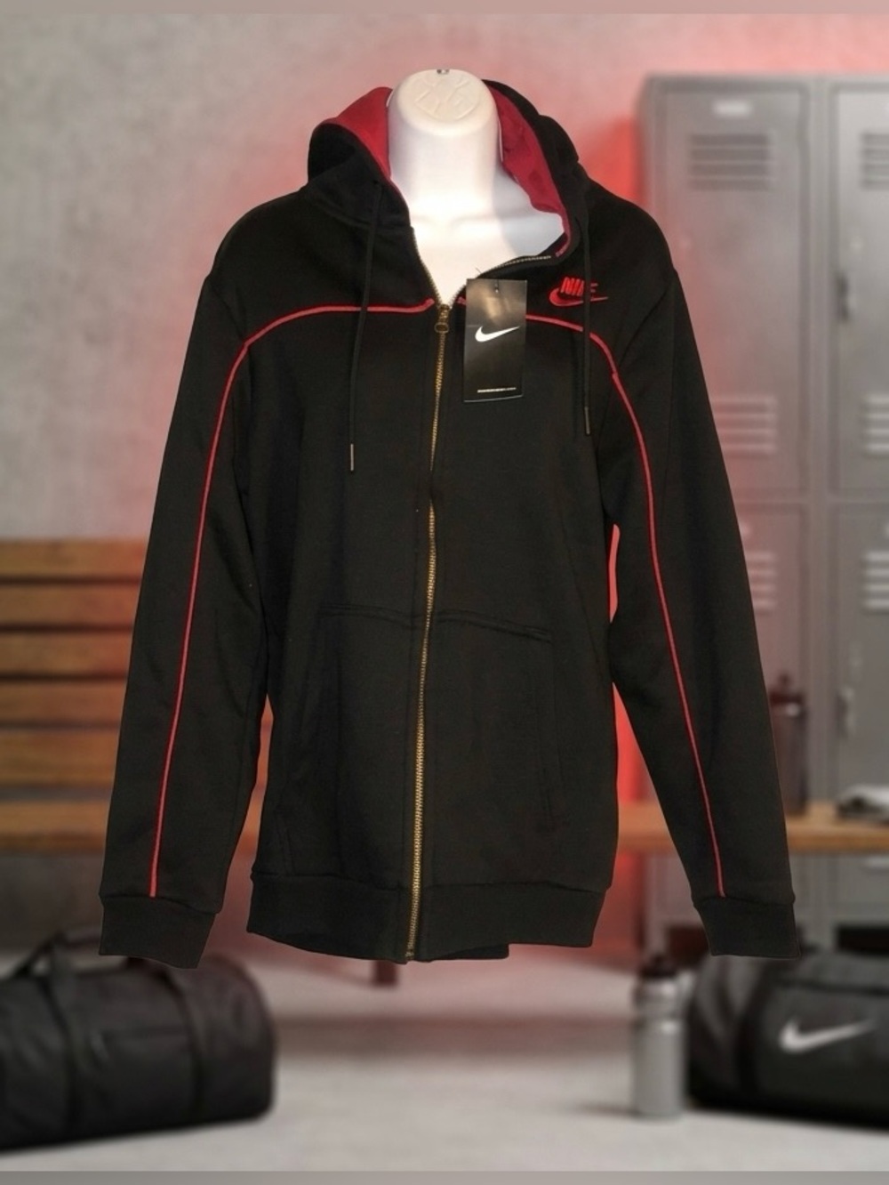 Nike Black Zip Up Hoodie with Red Stripe (M)